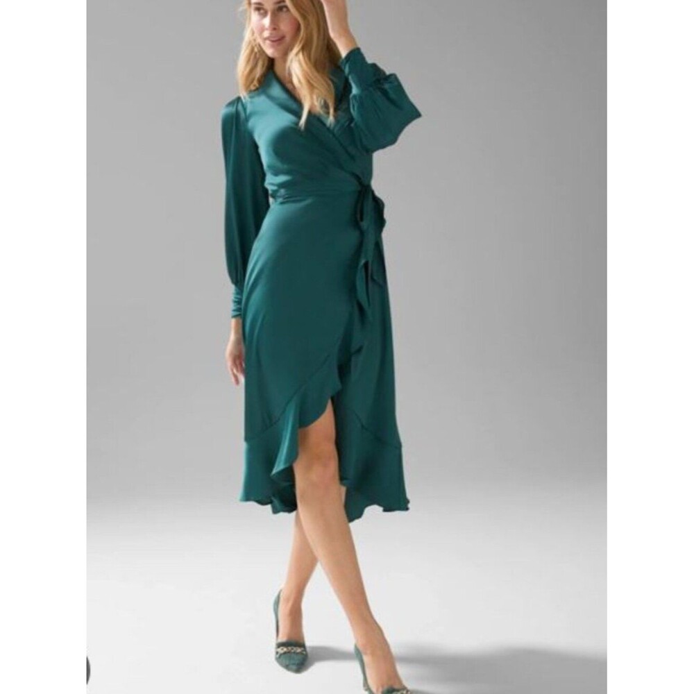 White House Black Market Satin Ruffle Wrap Dress  Deep Mineral Green Sz 6 NWT